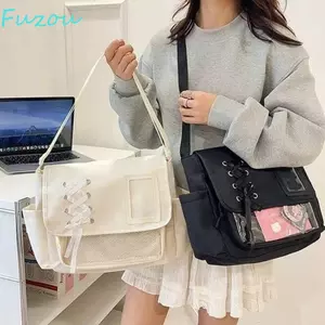 Túi FUZOU Y2K Ulzzang Ita, Túi đeo vai Nylon dung tích lớn nhẹ, Túi trong suốt Niche Màu tinh khiết Chống thấm nước Phong cách đại học Túi đeo chéo Triển lãm truyện tranh