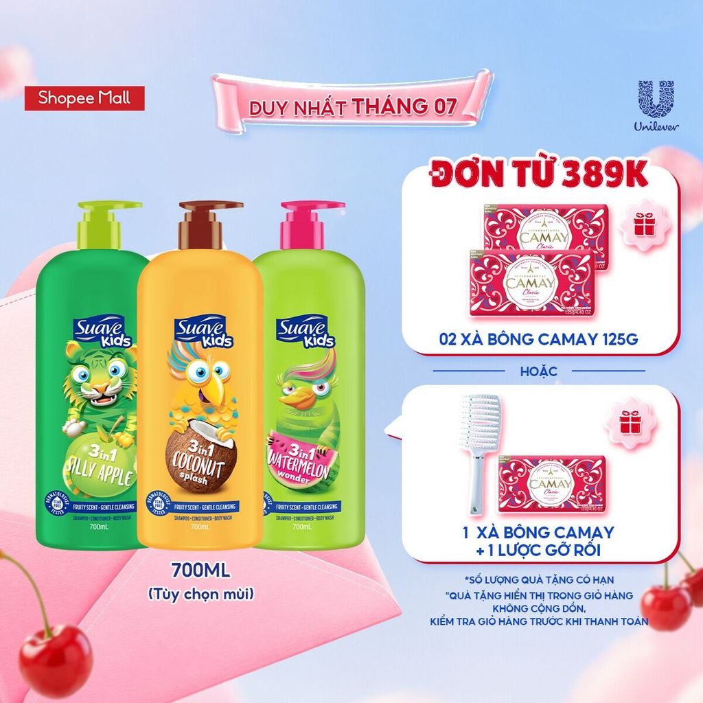 Sữa tắm gội trẻ em Suave Kids 3 trong 1 700ml (Hương Táo/Dưa Hấu/Dừa)