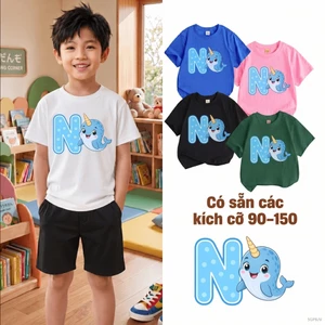 Áo thun bé trai học sinh tiểu học hình cá heo chữ thấm hút mồ hôi Dễ phối đồ