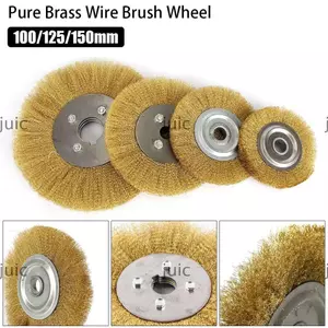 JUIC 1 Cái Bàn chải đồng thau nguyên chất, Dụng cụ mài mòn đánh bóng kim loại Bánh xe dây đồng 100 / 125 / 150mm, Phụ kiện thay thế độ bám dính loại phẳng cho máy mài băng ghế Bàn chải bánh xe dây đồng thau