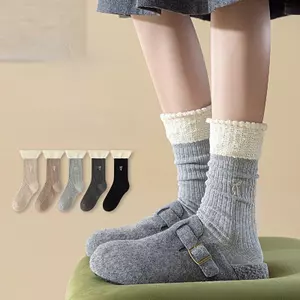Tất nữ thêu nơ miệng cánh hoa Tất cọc ren hai dây ngọt ngào Màu tương phản giữa-