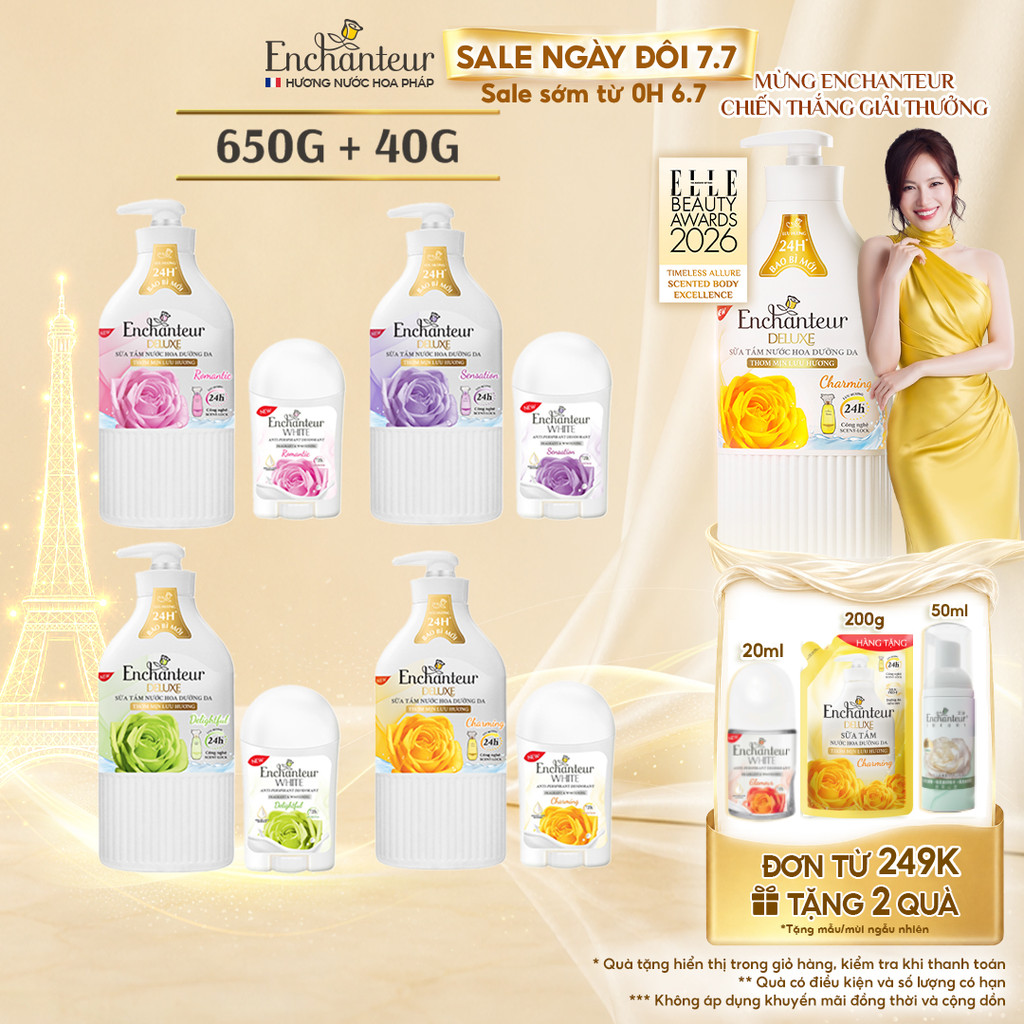 Combo Sữa Tắm Nước Hoa Dưỡng Da Enchanteur 650g + Sáp Khử Mùi Trắng Da Enchanteur 40g