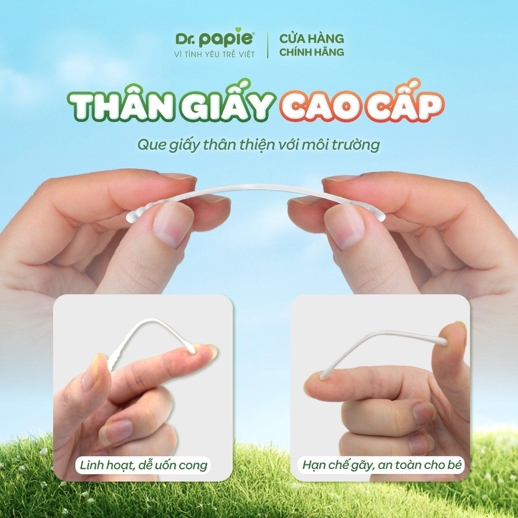 Combo 5 hộp tăm bông thân giấy Dr.Papie 2 đầu tròn 100% cotton mềm mại, an toàn, vệ sinh cho bé sơ sinh (280c /hộp)