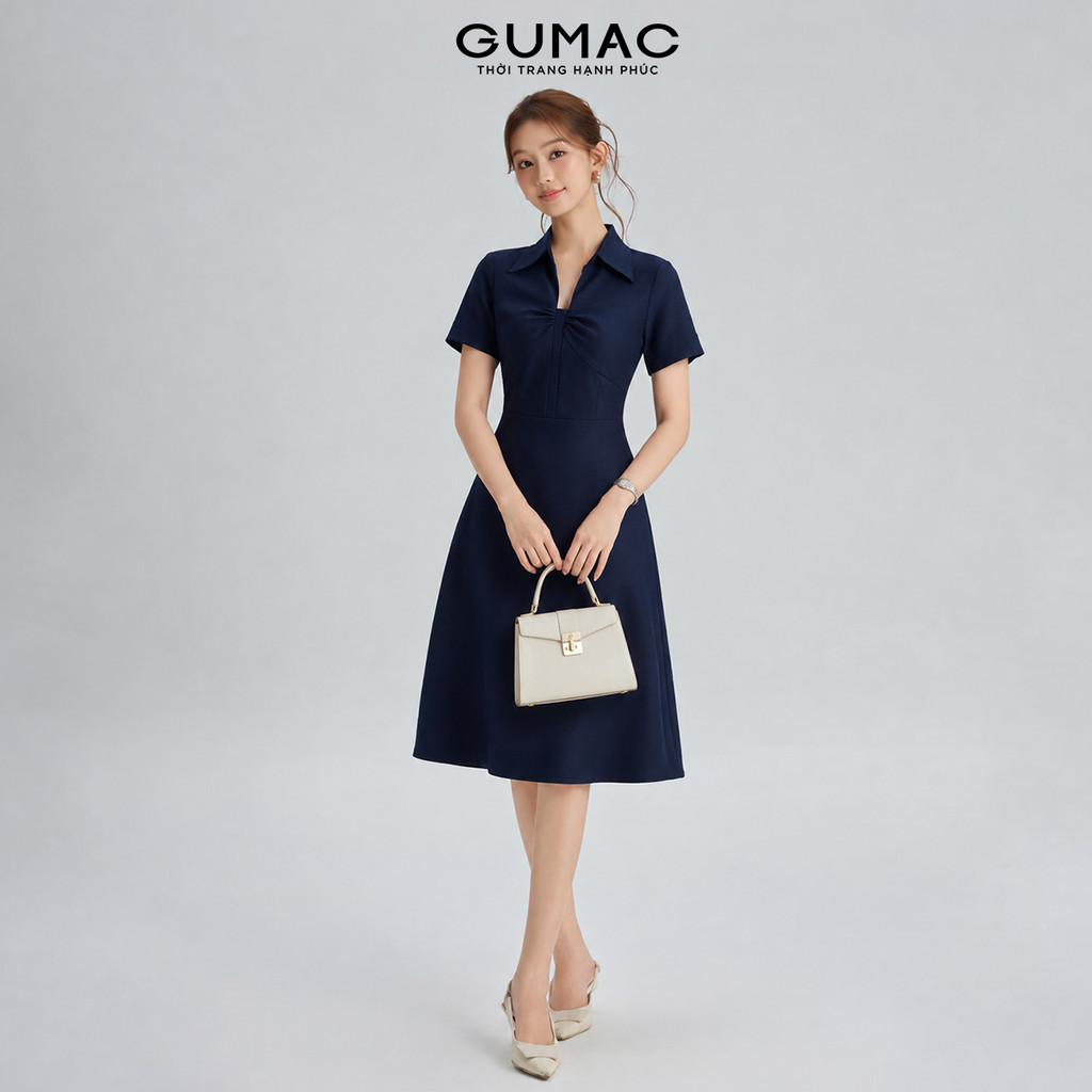 Đầm Nữ Dáng A Xòe GUMAC Kiểu Cổ Tim Tay Ngắn Hai Lớp Có Túi Sườn Công Sở Thanh Lịch DF08037