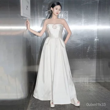 Váy trắng nữ, váy dài chín phần, váy cưới satin nhẹ, phong cách cổ điển, vải voan mỏng, thích hợp cho chụp ảnh du lịch v