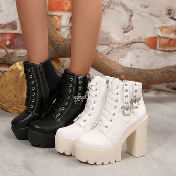 Size35-42.Tăng Chiều Cao 11CM, Giày Bốt Punk Xuân Thu Nữ, Khóa Thắt Lưng Thời Trang Ren Đế Dày Giày Nữ Giày Bốt Cao Gót Dày Bốt Ngắn Nữ, Nữ