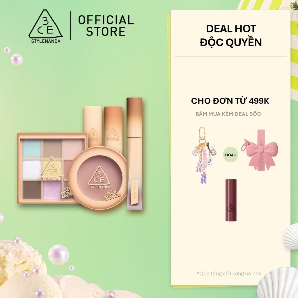 3CE BST COLOR BAKER - SON GLAZY LIP GLOW, SON VELVET PLUSH, MÁ HỒNG FACE BLUSH, BẢNG MẮT MULTI EYE 9 COLORS PALETTE