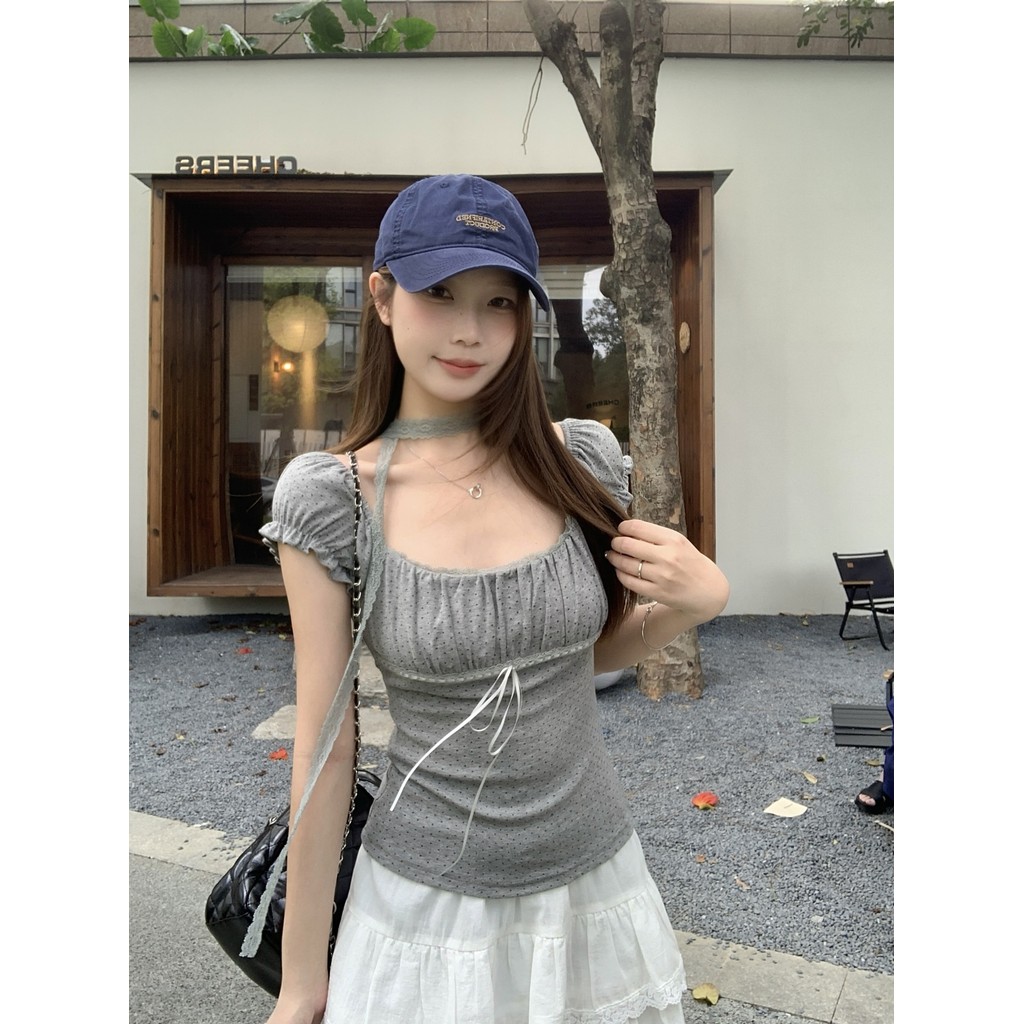 Mùa hè Phong Cách Mới Chấm Bi Áo Thun Tay Phồng Ngọt Cay Mặc Ôm Hơn Nhìn Top | BigBuy360 - bigbuy360.vn