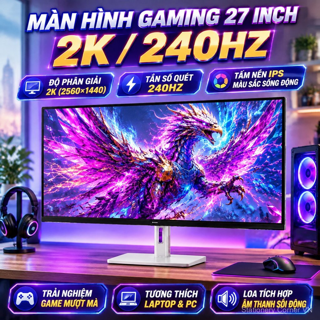 Màn hình 27 inch 2K 240Hz gaming IPS, loa trong, cho PC lapt
