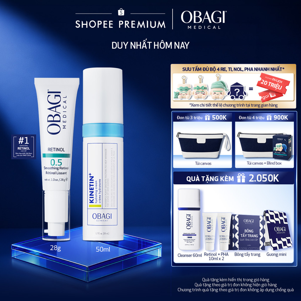 [PHIÊN BẢN MỚI] Bộ đôi Kem Dưỡng Đêm Obagi Retinol 0.5 (28g) và Kem dưỡng Clinical Kinetin+ Hydrating Cream 50ml