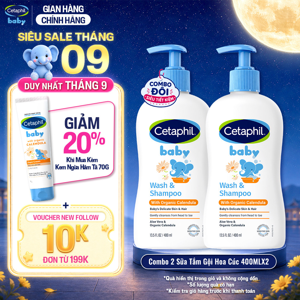 Combo 2 Sữa tắm gội dưỡng ẩm dịu lành cho bé Calendula hoa cúc hữu cơ CETAPHIL BABY W&SHAMPOO CALENDULA 400ML/chai
