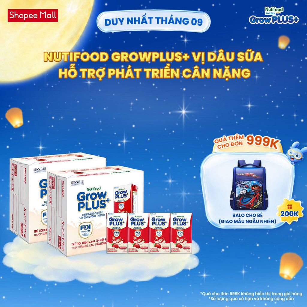 Combo 2 Thùng 24 hộp Sữa bột pha sẵn Nutifood GrowPLUS+ Vị Dâu Sữa hộp 110ml - Trên 1 tuổi
