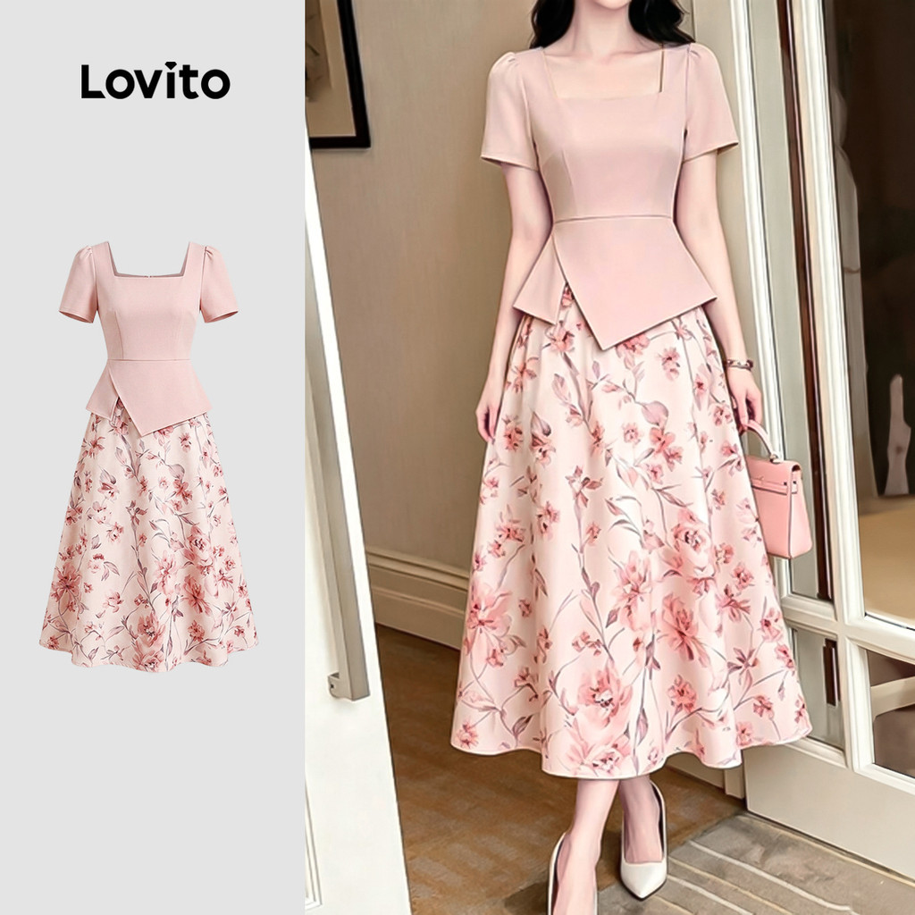 Lovito Đầm nữ màu hồng thanh lịch giả may ghép 2 trong 1 chất liệu vải phong cách Xuân/Hè DRK8P1D682