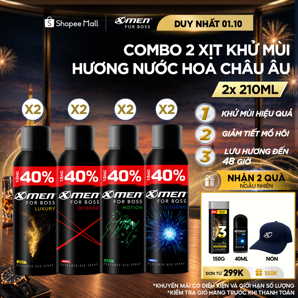 [Tặng thêm 40% dung tích] Combo 2 Xịt khử mùi X-Men For Boss 210ml/chai Khô Thoáng Lưu Hương 48H