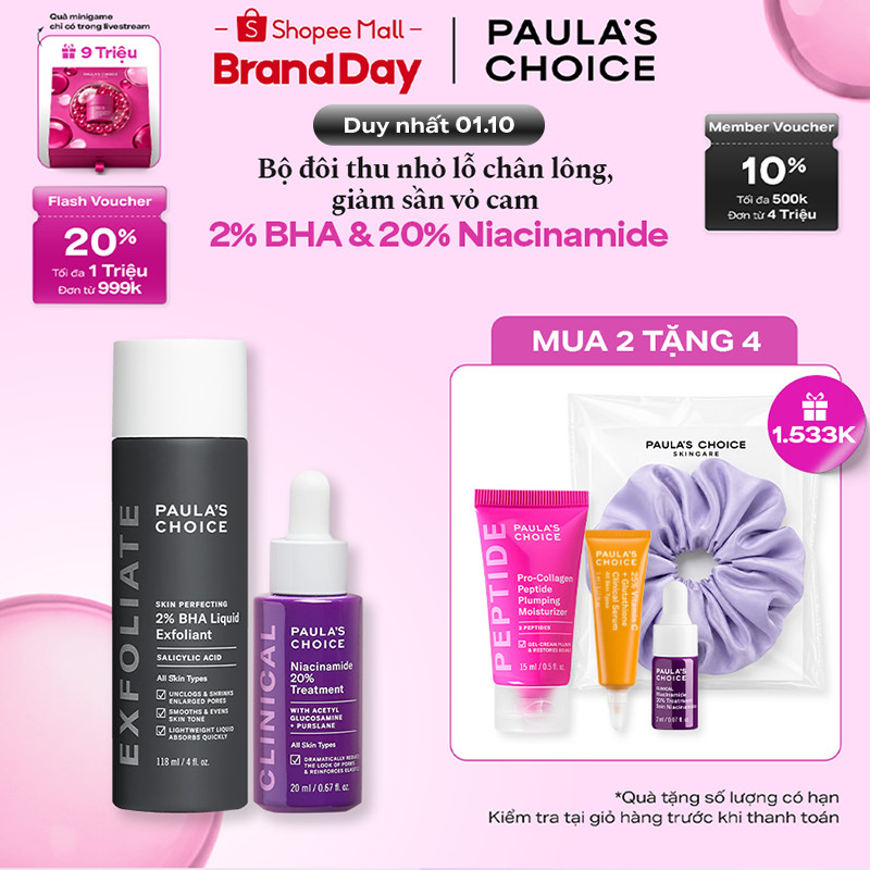 Bộ đôi thu nhỏ lỗ chân lông Paula's Choice Clinical Niacinamide 20% , Skin Perfecting 2% BHA Liquid Mã 8030-2010