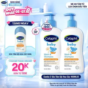 Combo 2 Sữa tắm gội dưỡng ẩm dịu lành cho bé Calendula hoa cúc hữu cơ CETAPHIL BABY W&SHAMPOO CALENDULA 400ML/chai