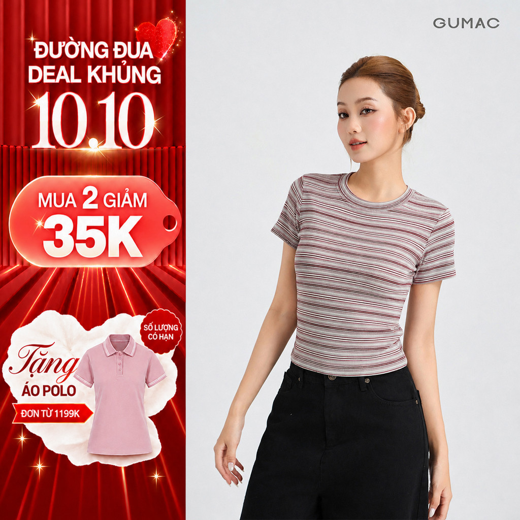 [NHẬP MÃ OPHU GIẢM 55K] Áo Thun Nữ GUMAC Ôm Slim Chất Thun Sọc Mịn Mềm Mát Không Nhăn Co Giãn Thoải Mái LATG05051