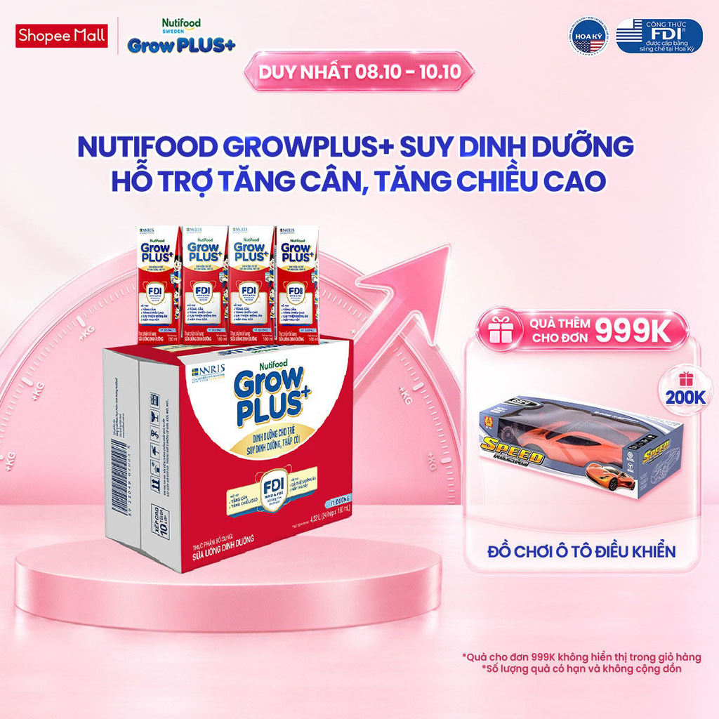 Thùng 24 hộp SBPS Nutifood GrowPLUS+ Suy Dinh Dưỡng (Đỏ) Ít đường 180ml - Tăng Cân, Tăng Chiều Cao (Bao bì tùy lô hàng)