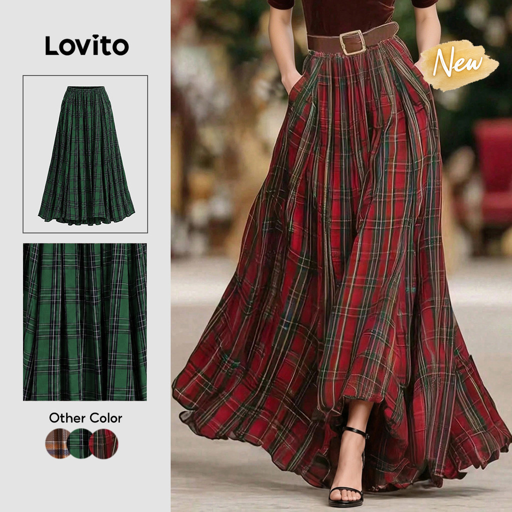 Lovito Chân Váy Dài Dáng Chữ a Xếp Ly Kẻ Caro Phong Cách Boho Màu Đỏ Xanh Lá Cây Thích Hợp Cho Cuối Tuần Ngày Lễ Đi Chơi Dành Cho Nữ SKK10BR380