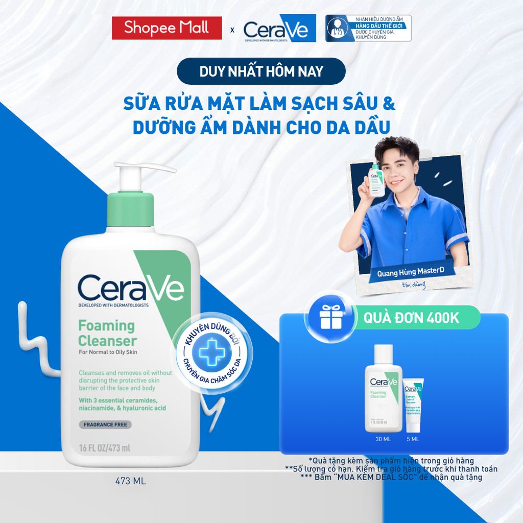 Sữa rửa mặt foaming giúp làm sạch sâu và dưỡng ẩm dịu nhẹ dành cho da dầu - CeraVe Foaming Facial Cleanser 473ML