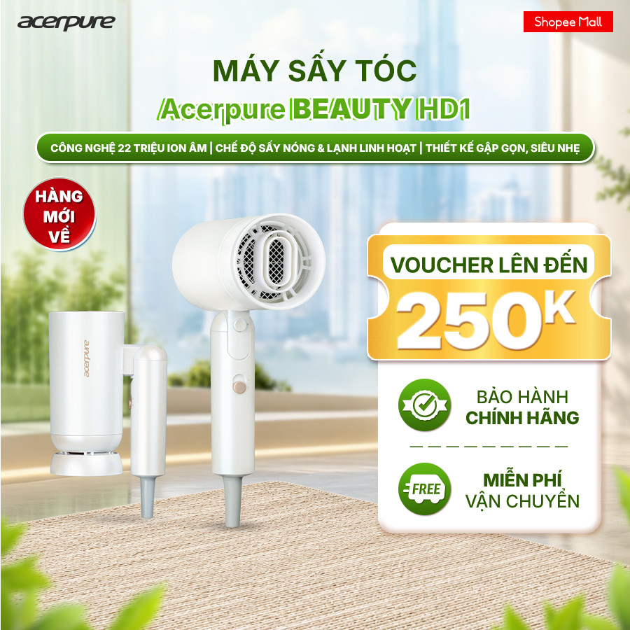 Máy sấy tóc Acerpure BEAUTY HD1 HD364-10W Ion Âm 22 Triệu Gấp Gọn 1500W Đầu Sấy ProDry - Bảo hành 12 tháng