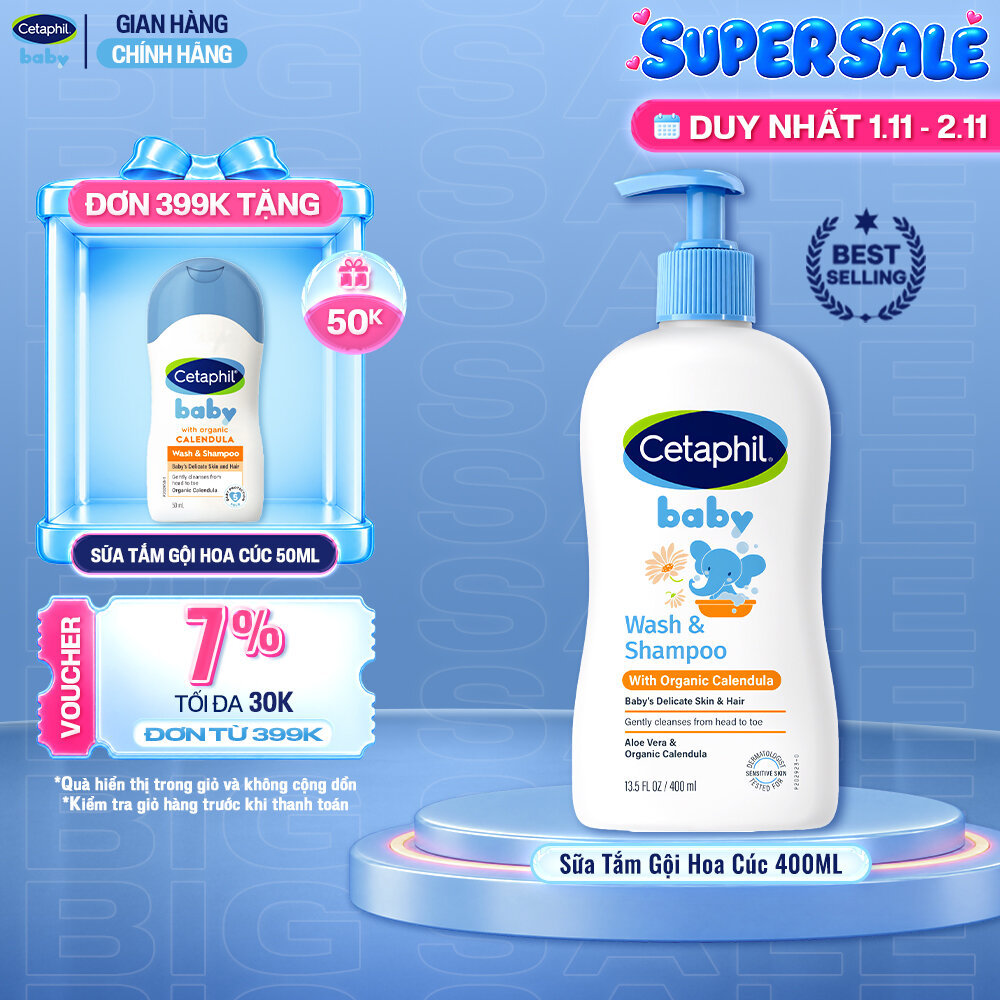 Sữa tắm gội dưỡng ẩm dịu lành cho bé với Calendula hoa cúc hữu cơ CETAPHIL BABY W&SHAMPOO CALENDULA 400ML
