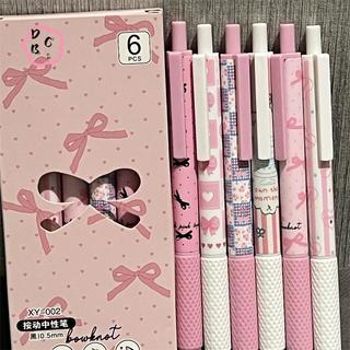 6 Bút Gel Sấy Nhanh - 0.5mm Mực Đen Kawaii Hồng Nơ Viết Mịn Cho Văn Phòng Trường Học