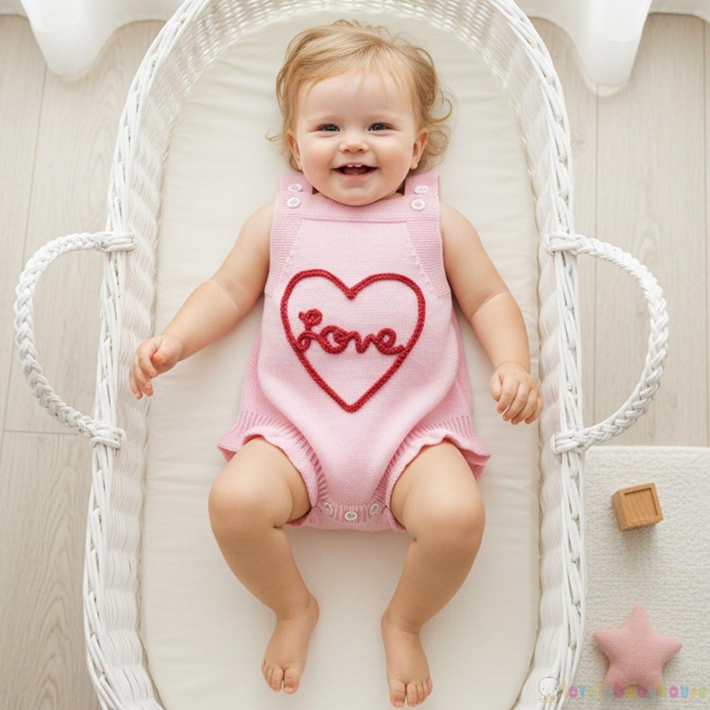 LBH-Baby Girls Áo liền quần dệt kim không tay thêu trái tim thời trang dễ thương