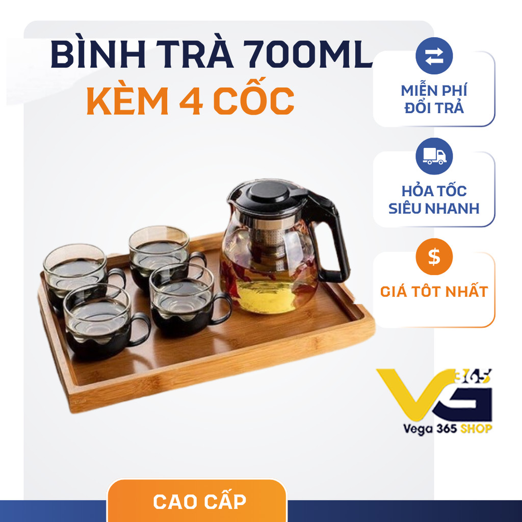 Set Bình Lọc Trà 700ml Tặng Kèm 4 Cốc Thủy Tinh Cao Cấp