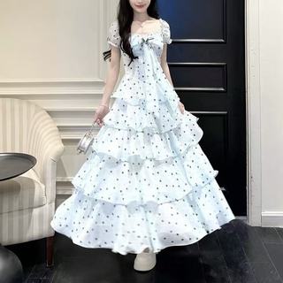 Đầm dài dáng ôm eo, cổ vuông kiểu Pháp, họa tiết chấm bi trái tim, màu cam, dành cho nữ mùa hè