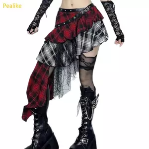 Pealike Nữ Gothic Eo Tầng Xếp Ly Một Dòng Váy Mini Thẩm Mỹ Plaids In Váy Bất Đối Xứng Có Khoen Bel