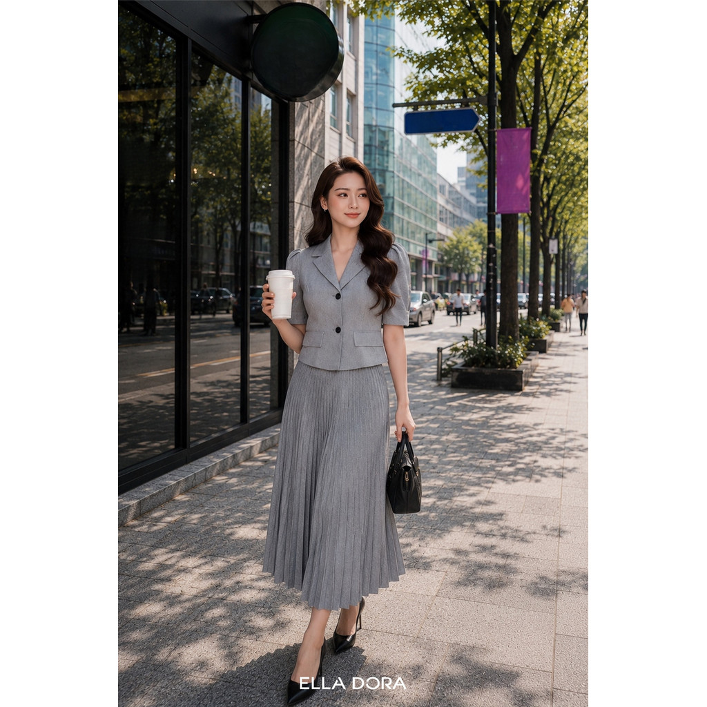 Set đồ công sở ELLA DORA áo cổ ve tay bồng phối chân váy xếp ly form gọn thanh lịch [AK22 + CLT06]