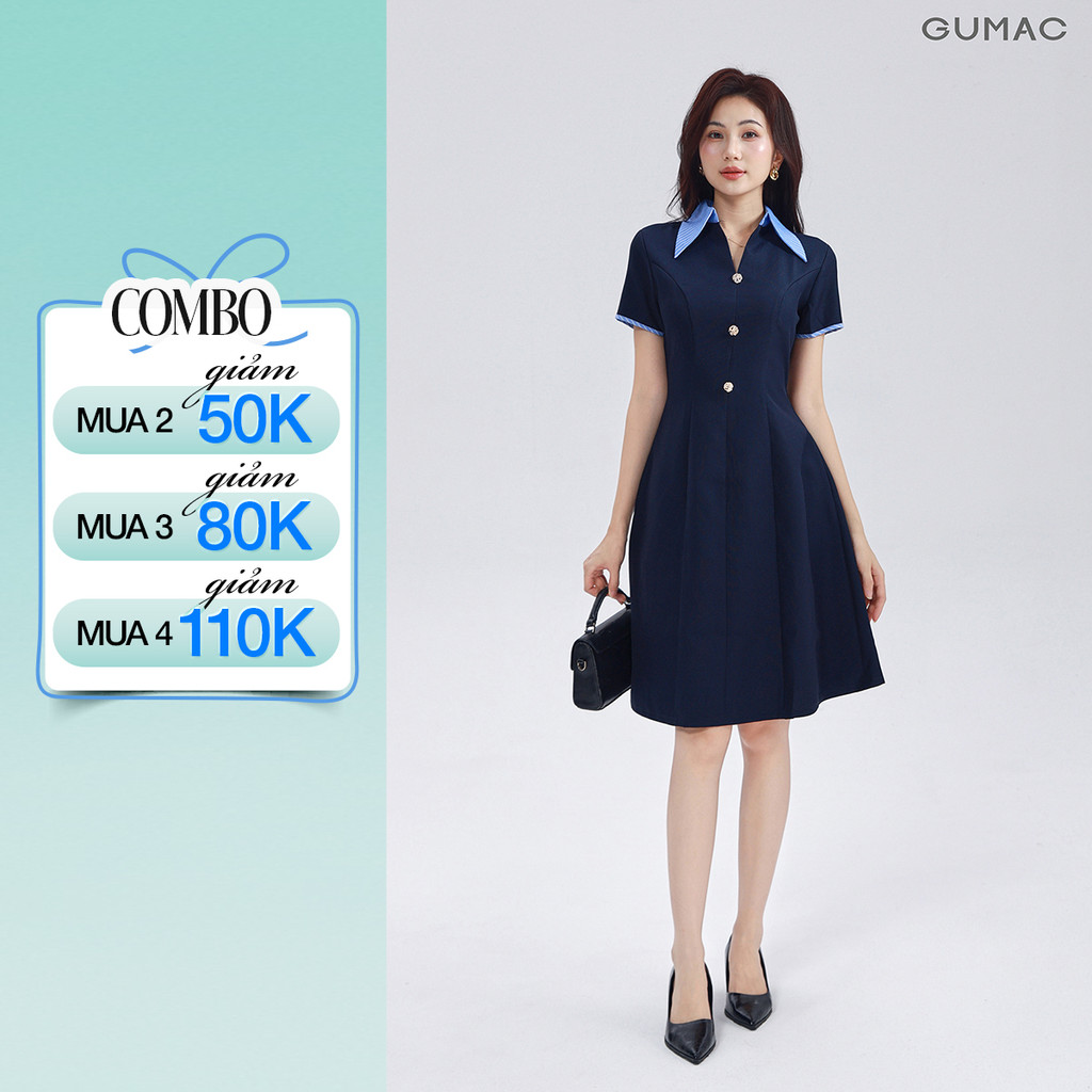 Đầm Dáng A Nữ GUMAC Váy Công Sở Cổ Sơ Mi Phối Sọc Đính Nút Vàng Thanh Lịch DF03005