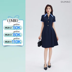 Đầm Dáng A Nữ GUMAC Váy Công Sở Cổ Sơ Mi Phối Sọc Đính Nút Vàng Thanh Lịch DF03005