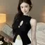 Nút Kim Loại Rỗng Viền Chia Áo Dệt Kim Mùa Hè Xoắn Nữ Ngày Lễ Áo VN
