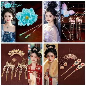 FUJIOU 1 Bộ Tóc Cổ, Kẹp Tóc Thời Nhà Đường Phong Cách Cổ Điển, Vintage Thanh Lịch Tua Rua Ngọc Trai Hoa Lược Tóc Trang Sức