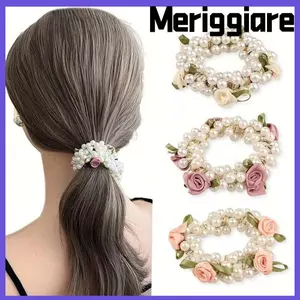 MERIGGIARE 1 Chiếc Dây Buộc Tóc, Ngọc Trai Hoa Thanh Lịch Cao Su Co Giãn Cao Su, Đính Hạt Thời Trang Scrunchie Dây Buộc Tóc Cho Nữ Bé Gái