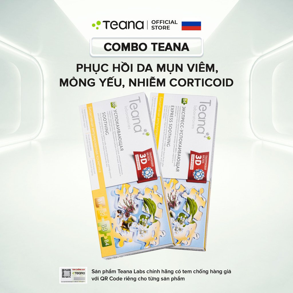 Combo tinh chất phục hồi da mỏng yếu, nhiễm corticoid Teana B3 Soothing 20ml & B4 Express-Soothing 20ml