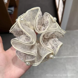 Đầu Organza Hoa Ngọc Trai Cao Cấp Aurora Scrunchy Tóc Vòng Sang Trọng Sợi Lưới Đầu Dây Bóng Tóc Đầu Dây