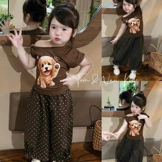 S330-[tomnaukids] Set áo lệch ép hình cún phối quần chấm bi bo chun cho bé gái size từ 8-35Kg