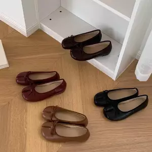 TT Phiên Bản Hàn Quốc Nơ Đế Bằng Giày Nữ Ngón Tròn Một Chân Giày Ba Lê Da Thật Chính Hãng Chia Ngón Chân Giày