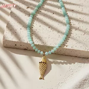 HFSHY Bohemian Đá Nhiều Màu Sắc Nelace Thủ Công Thép Không Gỉ Mặt Dây Chuyền Cá Độc Đáo Tuyên Bố Trang Sức Cho Bãi Biển Đảng Mặc VN