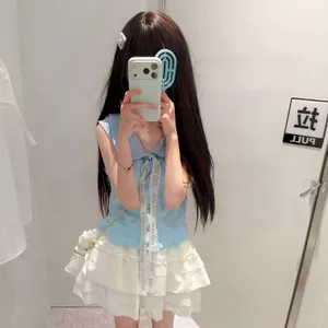 Influencer Cùng Phong Cách Mùa Hè Phong Cách Mới Siêu Cổ Tích Phối Ren Nơ Đan Không Tay Top Cao Cấp Ren Viền Váy Phù Hợp Với