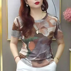 Áo thun ngắn tay cổ tròn in hình dành cho nữ mùa hè, thời trang và giản dị, thon gọn và giảm béo cho nữ
