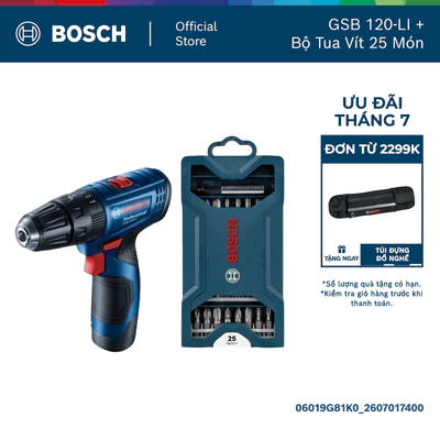 Máy khoan vặn vít động lực dùng pin Bosch GSB 120-LI + Tặng kèm 1Bộ mũi tua vít đa năng Bosch 25 món (xanh dương)