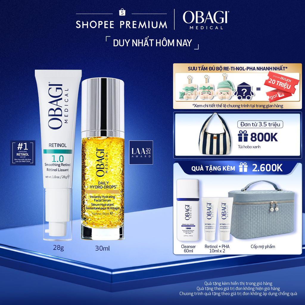 Bộ đôiKem Dưỡng Đêm Obagi Retinol 1.0 (28g) và Serum Vitamin B3 Cấp Nước Dưỡng Ẩm Phục Hồi Da Daily Hydro-Drops 30ml