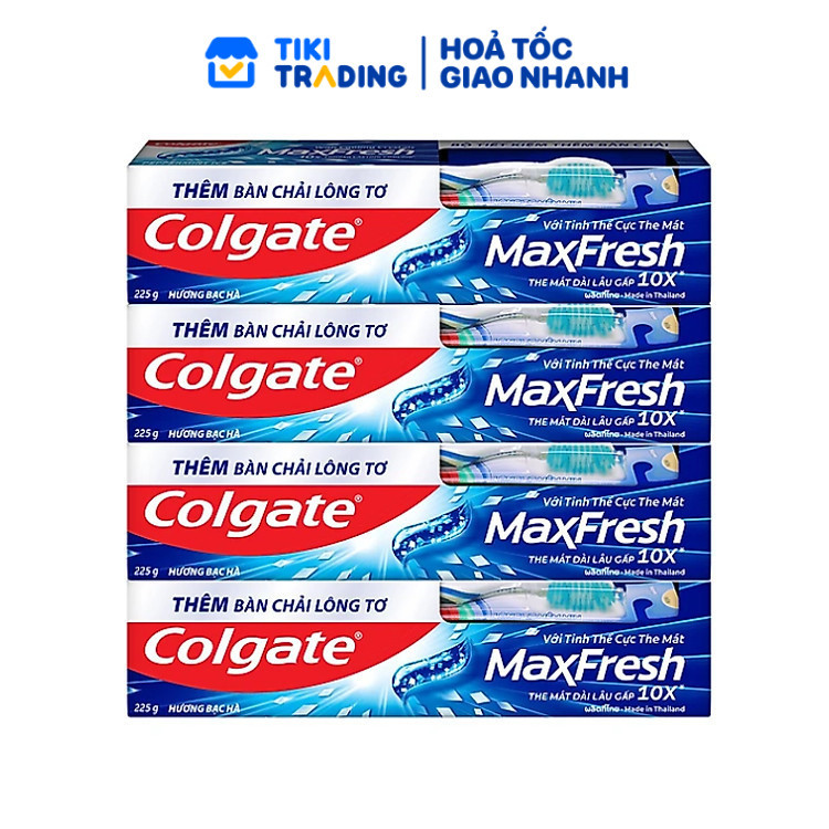 Bộ 4 Kem đánh răng Colgate bạc hà the mát Maxfresh 225g/tuýp tặng bàn chải đánh răng lông mềm