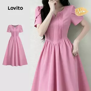 (New Arrival) Lovito Váy nữ màu xám hồng thanh lịch xếp ly tinh tế thoải mái và phong cách phù hợp mùa xuân/hè L199ED033