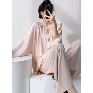 bộ ngủ dài tay nữ bộ đồ ngủ nữ dài tay Đồ ngủ bộ đồ mặc nhà mùa hè kiểu Trung Quốc mới cỡ lớn dài tay màu trơn mùa xuân và mùa thu cho nữ đồ ngủ lụa cotton phong cách Trung Quốc có thể mặc ngoài