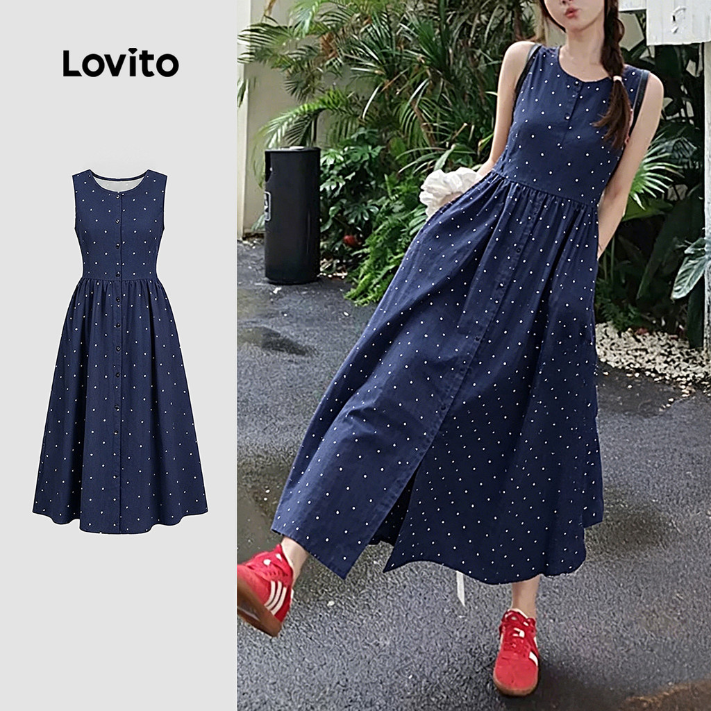 (New Arrival) Lovito Váy thường ngày giản dị mùa xuân/hè màu xanh navy cho nữ DRK8TD122